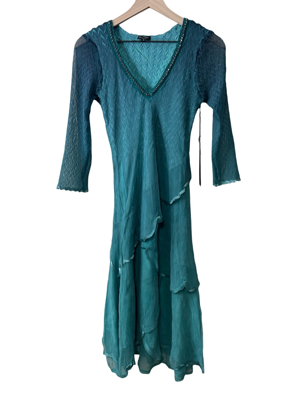 Komarov Beaded Chiffon Ruffled Dress Marine Night Teal